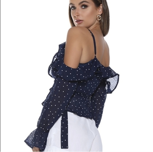 RUNAWAY polka dot blue and white off the cold shoulder ruffled wrap top blouse s - Picture 3 of 16